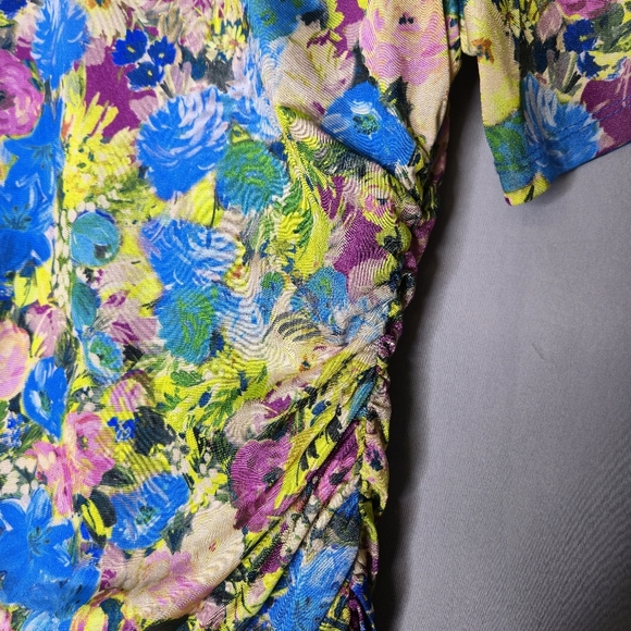 Black Halo Women's Blue Delina Ruched Floral-Print Sheath Dress Size 6 - Picture 6 of 9